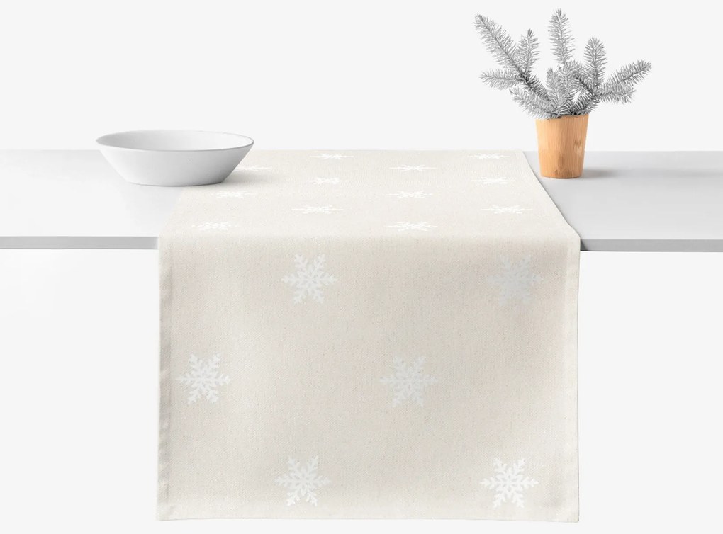 Goldea behúň na stôl natura – snehové vločky na režnej 50x160 cm