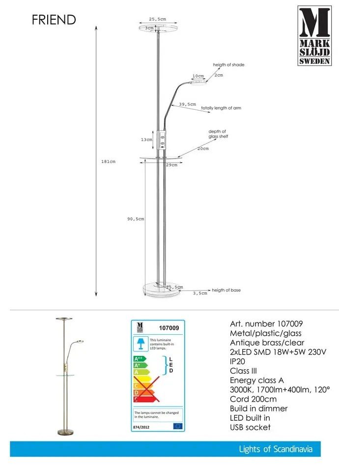 Voľne stojacia LED lampa v mosadznej farbe Markslöjd Friend Uplight