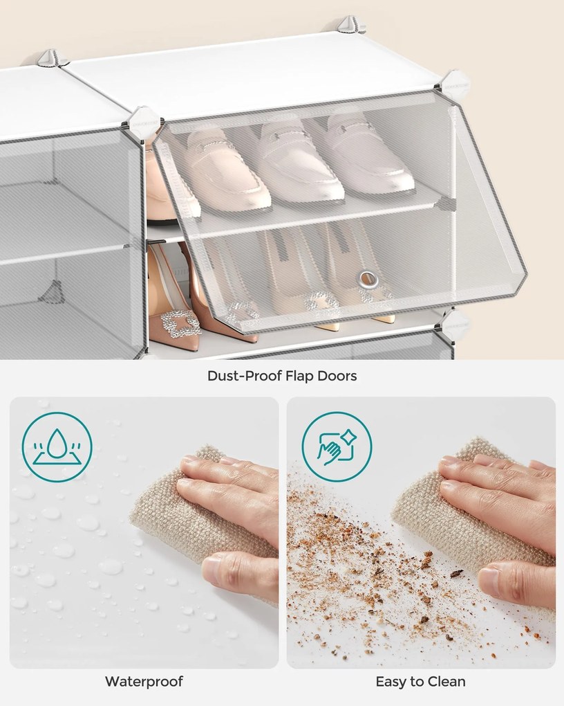 Spojiteľný stojan na topánky pre až 48 párov topánok, biely a priehľadný