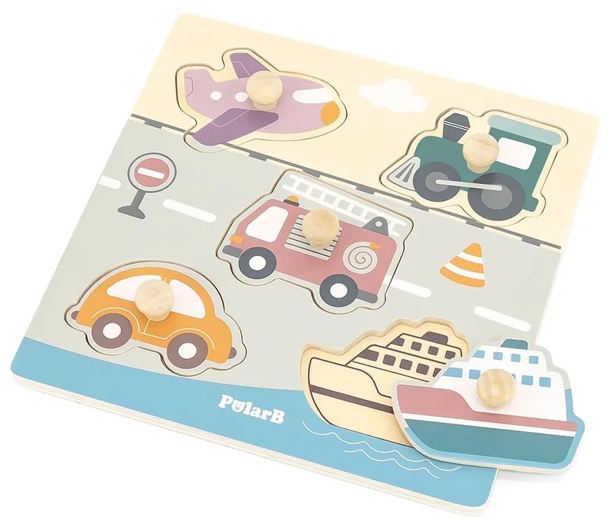Drevené vkladacie puzzle dopravné prostriedky Viga