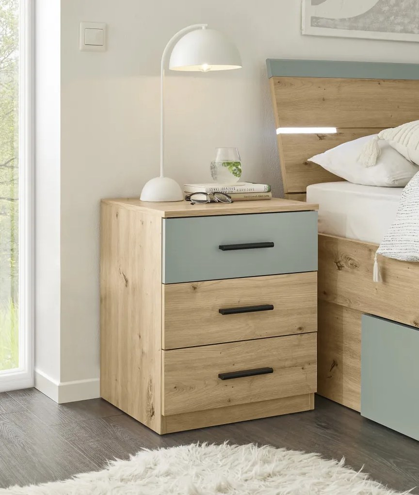 Posteľ s nočnými stolíkmi Savina 180x200 cm, dub artisan/šalviová, s osvetlením