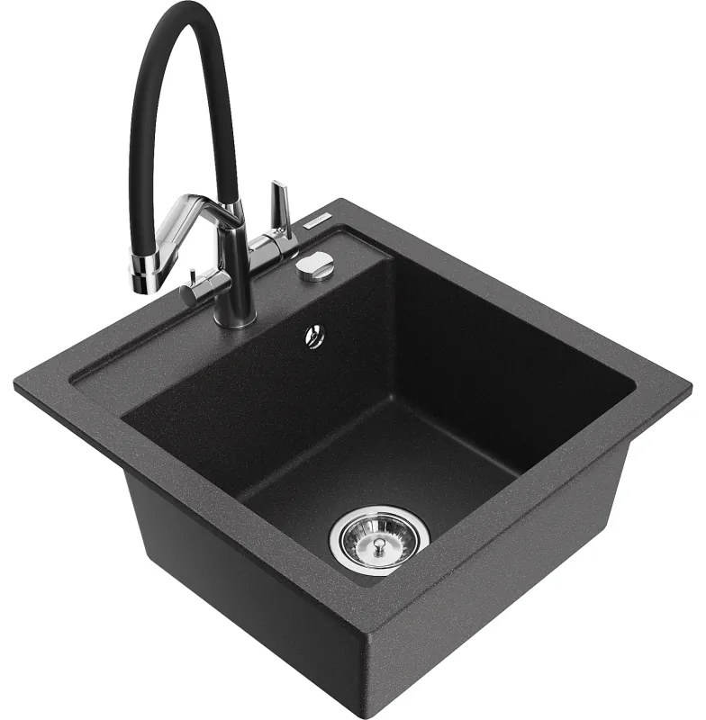 Mexen Vito, 1-komorový granitový drez 520x490x210 mm, drezová batéria Duo, čierna škvrnitá, 6503-76-671701-07