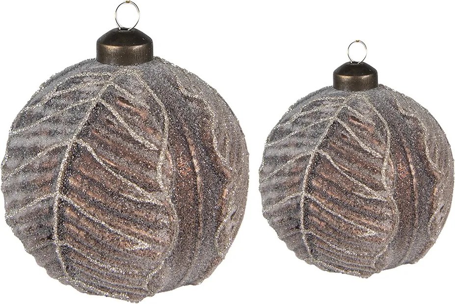 Set 2 ks bronzových sklenených vianočných gulí s motívom listov – Ø 10 cm a Ø 8 cm