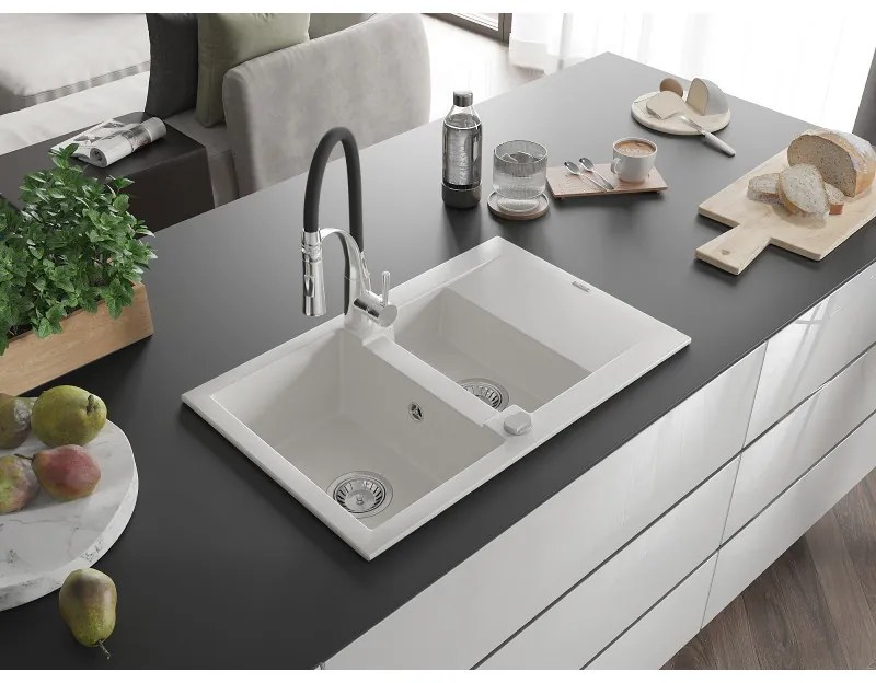 Mexen Gaspar, 1,5-komorový granitový drez 737x475x177 mm a drezová batéria Aster, biela, 6507-20-73450-07