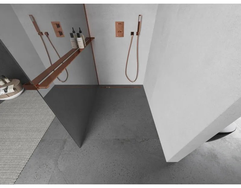 Mexen Kioto, sprchová zástena s poličkou a držiakom na uteráky 120 x 200 cm, 8mm sklo s efektom zrkadla, profil ružové zlato, 800-120-121-60-50