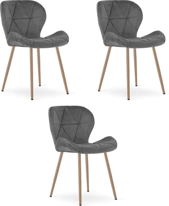 Set troch jedálenských stoličiek MANGO zamatové tmavosivé / hnedé nohy (3 ks)