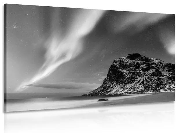 Obraz polárna žiara v Nórsku v čiernobielom prevedení - 120x80