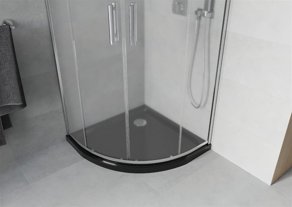 Mexen Rio, štvrťkruhový sprchovací kút s posuvnými dverami 70 x 70 cm, 6mm číre sklo, chrómový profil + čierna sprchová vanička, 863-070-070-01-00-4170