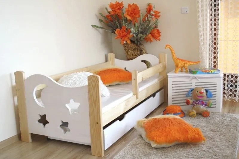 Detská posteľ SEVERYN + rošt ZADARMO, s úložným priestorom, borovica/biela, 70x160cm