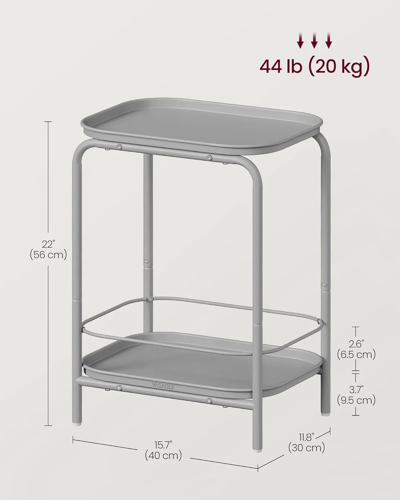 Príručný stolík 2-úrovňový, kovový stolík s podnosom, sivý