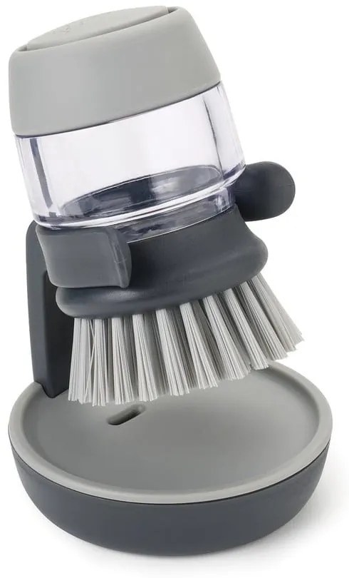 Sivá kefa s dávkovačom a stojanom Joseph Joseph Palm Scrub