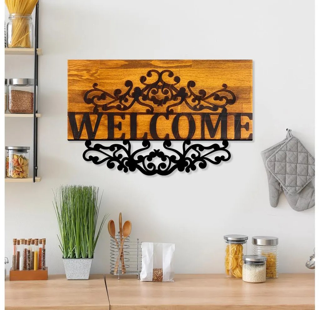 Nástenná dekorácia 58x36 cm vitajte drevo/kov