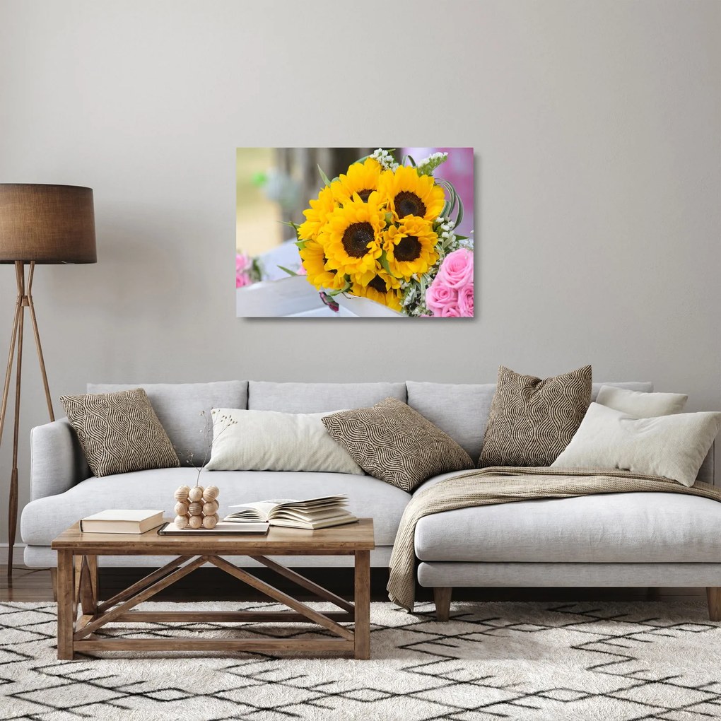 Sklenený obraz svadobnej kytice zo slnečníc (70x50 cm)