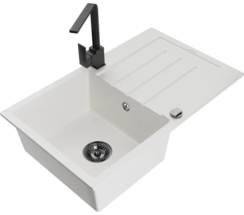 Mexen Bruno, drez granitový 795x495x200 mm, 1-komorový, biela s čiernym sifónom a čierna drezová batéria Rita, 6513-20-670300-70