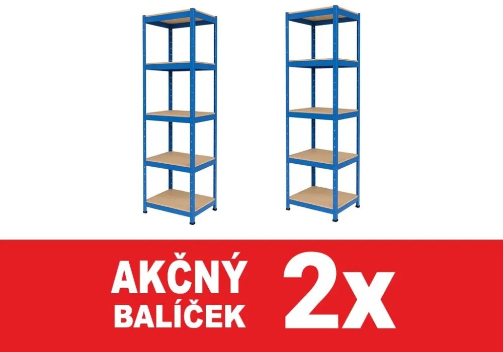 Akcia 2x Regál 180x40x40 cm lakovaný 5-policový, nosnosť 875 kg - modrý - 2ks