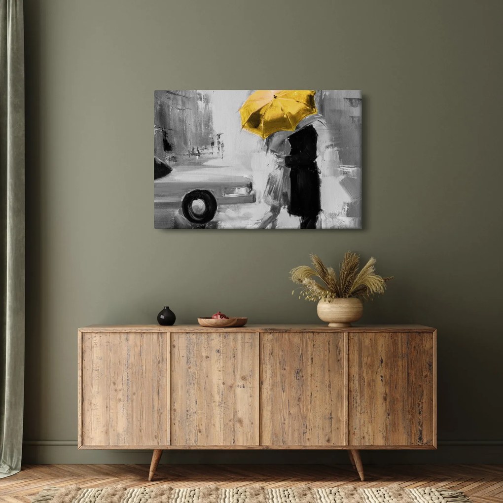 Obraz - Zamilovaný pár pod dáždnikom, žltý (90x60 cm)