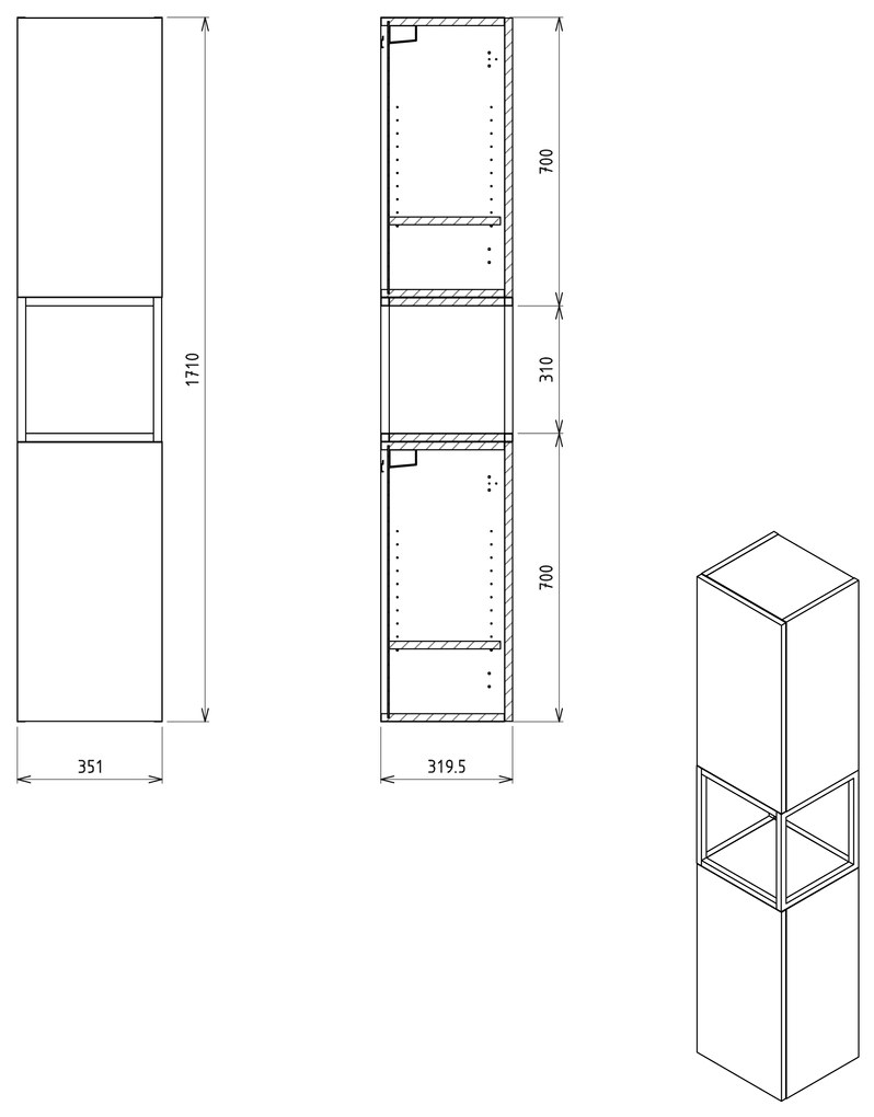 Sapho Sapho, SKARA skrinka 35x171x32cm, 2x dvierka, ľavá/pravá, čierna mat/dub Alabama, CG010-2222