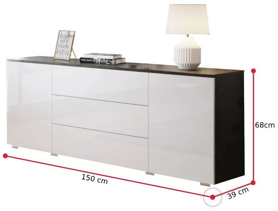 Komoda URAL 150, 150x68x39, matera/biela lesk