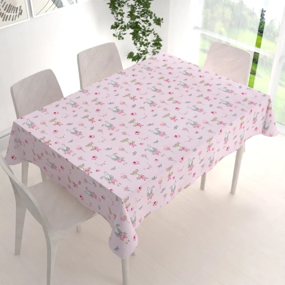 Biante Detský bavlnený obdĺžnikový obrus Sandra SA-466 Zajačikovia a líšky s balónikmi na ružovom 80x120 cm