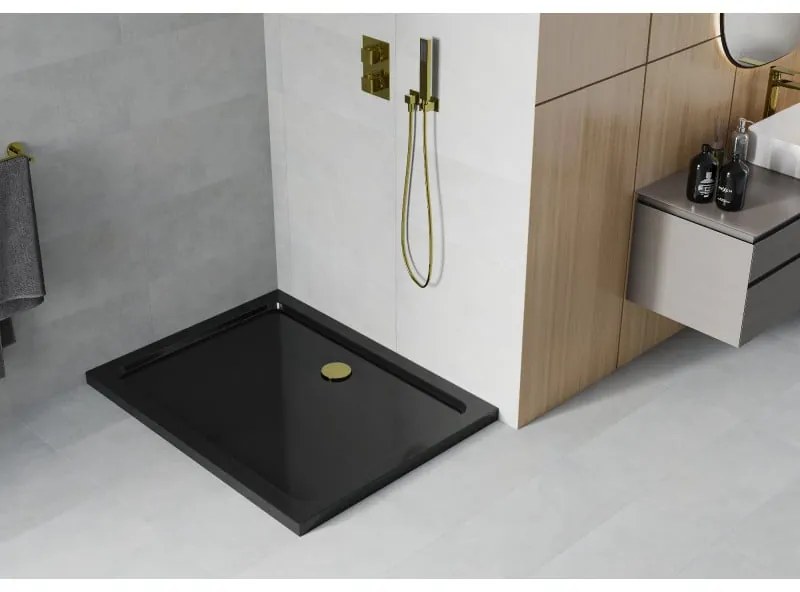 Mexen Flat, akrylátová sprchová vanička 100x70x5 cm SLIM, čierna, zlatý sifón, 40707010G