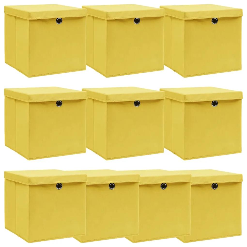 vidaXL Úložné boxy s vrchnákmi 10 ks žlté 32x32x32 cm látkové