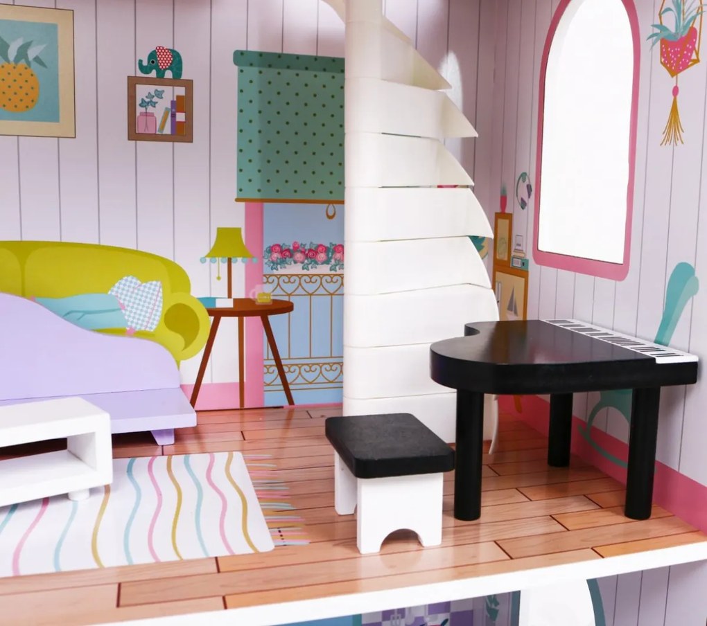 Veľký drevený domček pre bábiky ružovej farby pre deti od 3 rokov, doplnky, nábytok + 3 poschodia