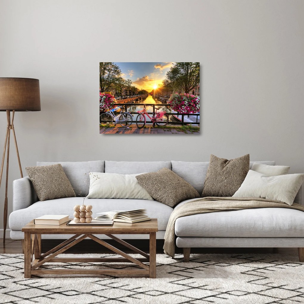 Sklenený obraz - Východ slnka v Amsterdame (70x50 cm)
