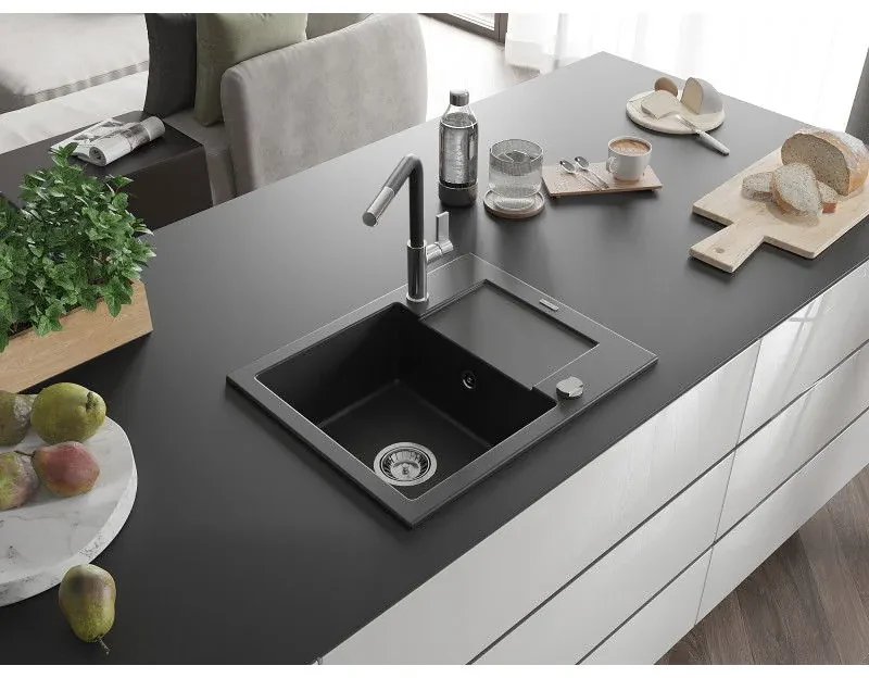 Mexen Enzo, 1-komorový granitový drez 576x465x174 mm a drezová batéria Flora, čierna, 6506-77-670401-07