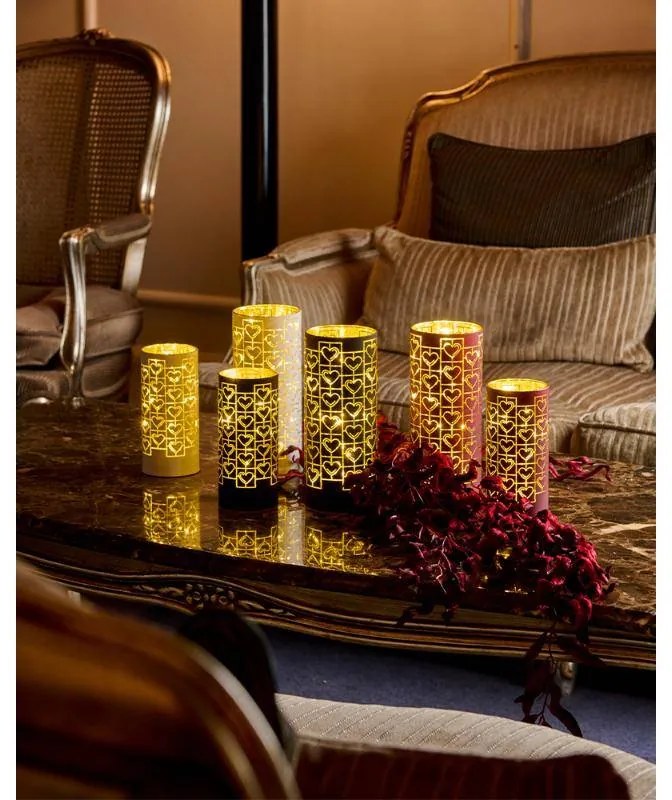 SIRIUS LED svietnik, sklo, dekor srdca, 15x7cm