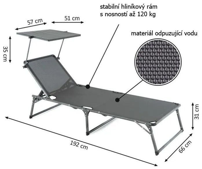 Záhradné skladacie lehátko so strieškou XXL - čierne