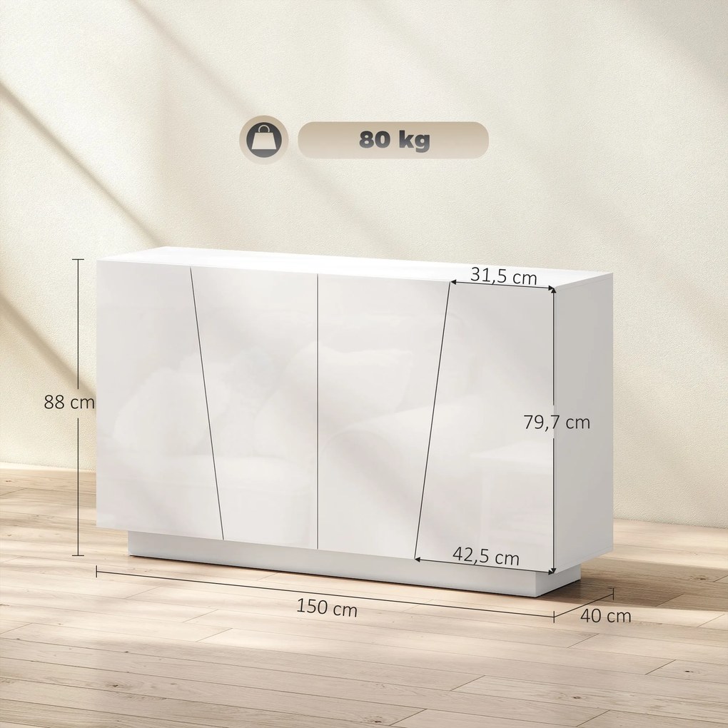 HOMCOM Skrinka s dverami a nastaviteľnou poličkou, úložný kabinet do obývačky, kuchyne a spálne, 150 x 40 x 88 cm, lesklá biela | Aosom