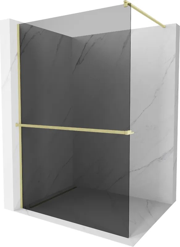 Mexen Kioto+, sprchová zástena Walk-In s poličkou a vešiakom 70 x 200 cm, 8mm šedé sklo, zlatý matný profil, 800-070-121-55-40