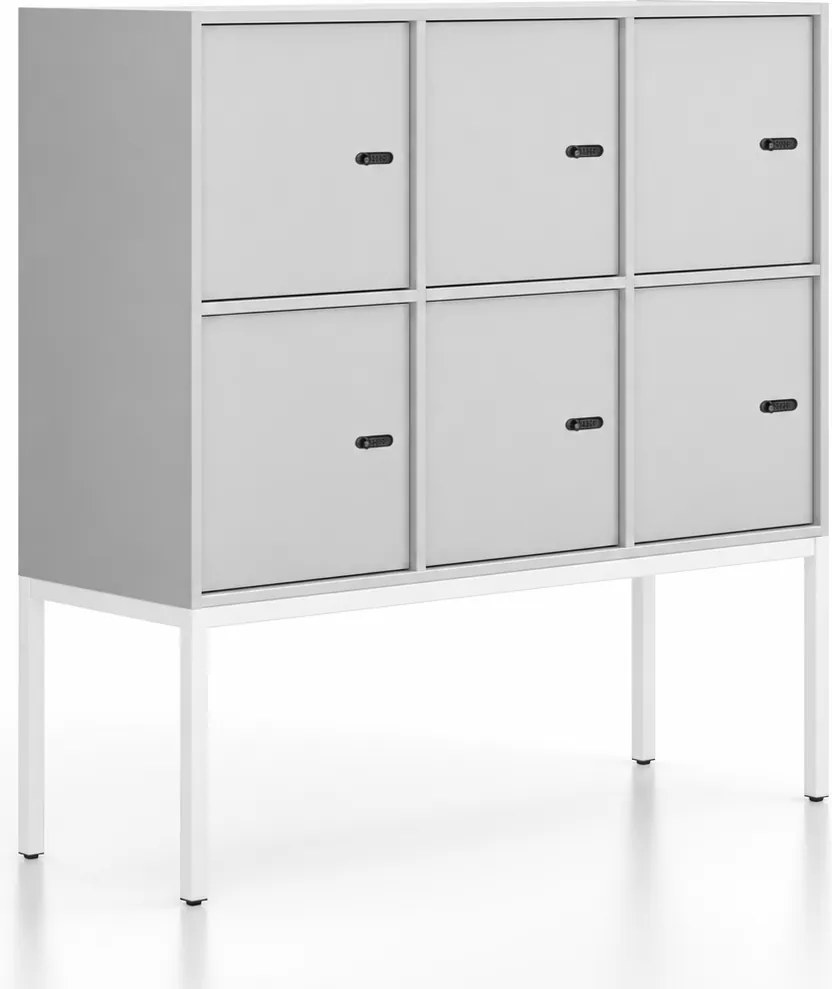 Kancelárska skriňa FRAME, nízka, biela podnož, 6x dvere, 1299 x 450 x 1331 mm, mechanický kódový zámok, sivá
