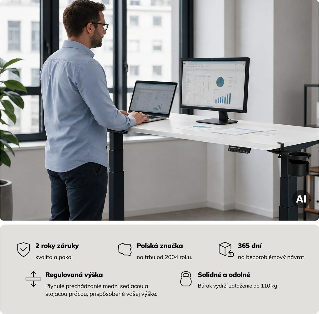 Elektrický stôl s nastavením výšky ergonomický antracitovo-bieli, 1600x800 mm: ARIA