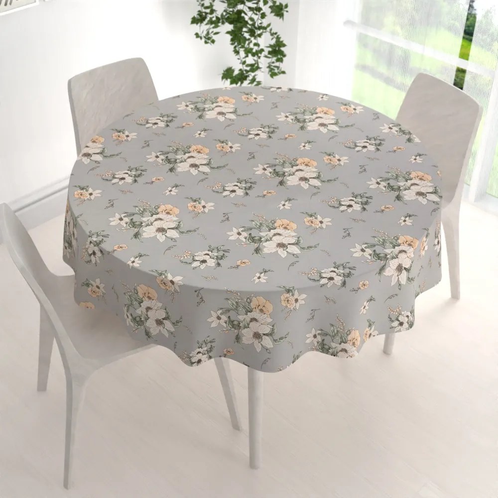 Biante Bavlnený okrúhly obrus Sandra SA-465 Oranžové kvety na sivom Ø 110 cm