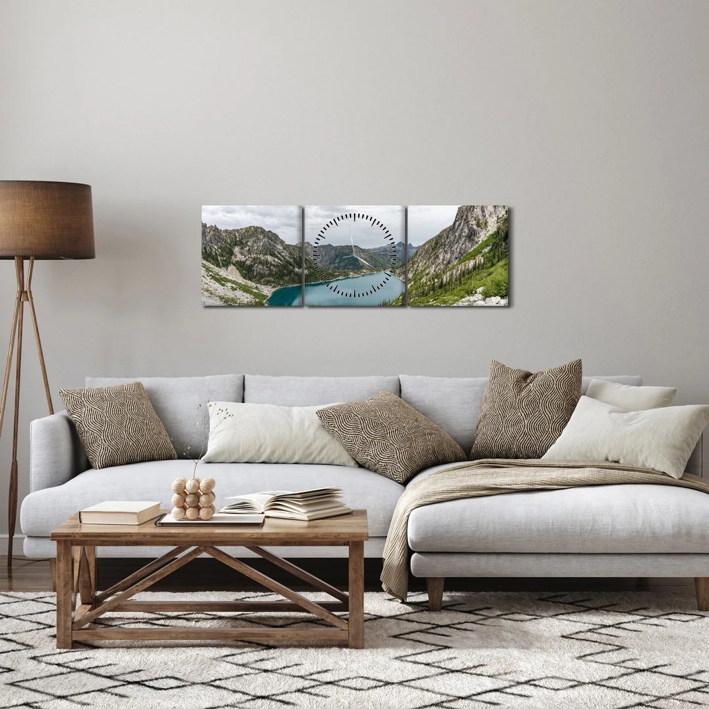 Obraz jazera v horách (s hodinami) (90x30 cm)