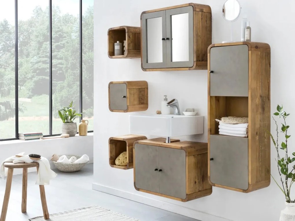 furniture-nabytek.cz - Masívna kúpeľňová zostava Dingora II z recyklovanej borovice a MDF, lakovaná, prírodná/šedá