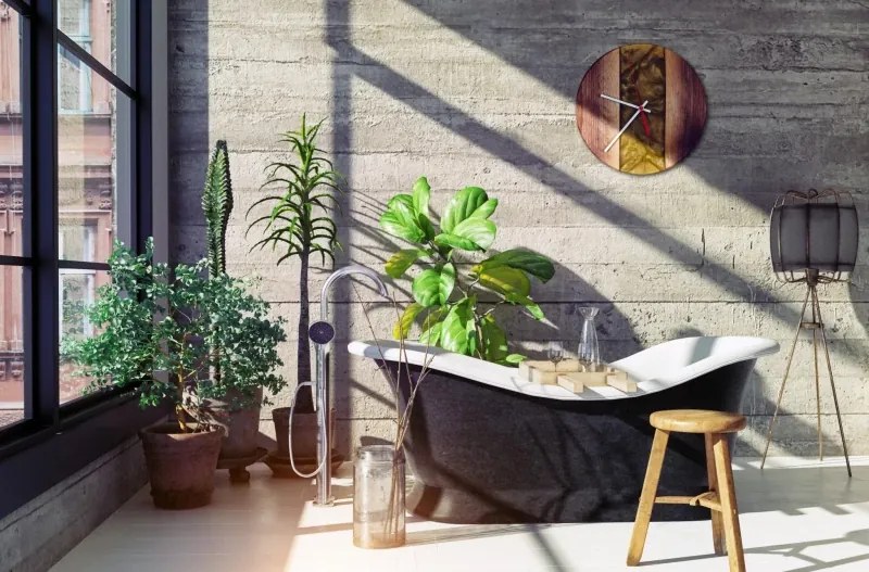 Drevené hodiny s epoxidovou živicou Ø 30CM - orech, zlatá perleť