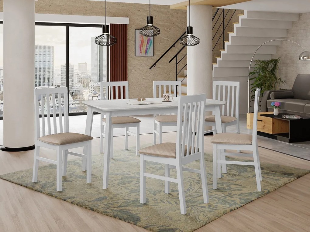 Rozkladací stôl so 6 stoličkami AL16, Morenie: biela, Poťahové látky: Kronos 7, Farby nožičiek: čierna