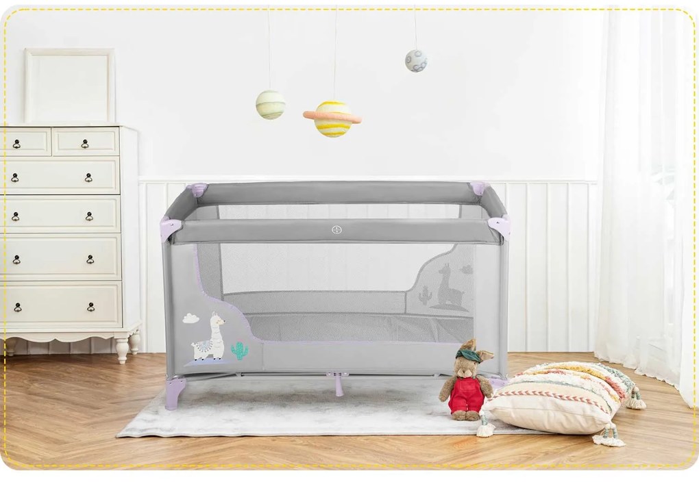 Ricokids Cestovná postieľka + matrac + taška 125 x 65 x 78 cm RK-240 sivá levanduľová