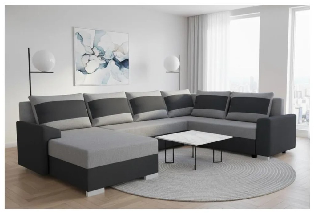 Čalúnená univerzálna rozkladacia sedacia súprava v tvare U OXFORD, čierna/šedá