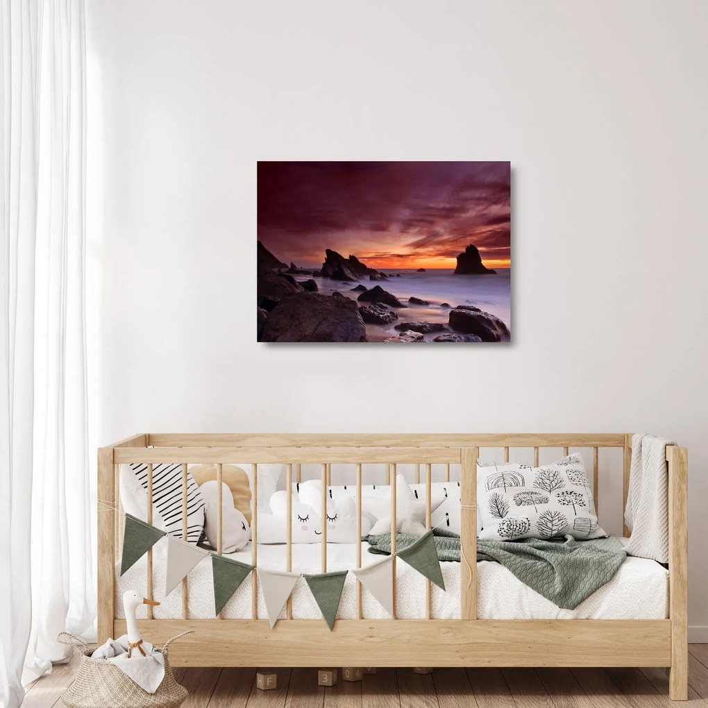 Sklenený obraz západu slnka na pobreží (70x50 cm)