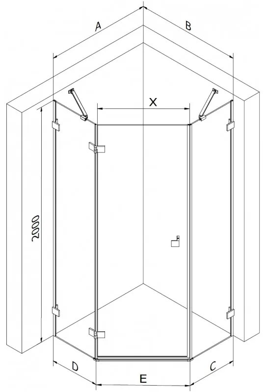 Mexen Lunar, Päťuholníkový sprchový kút Mexen Lunar s výklopným ľavým oknom 100 x 90 cm, 8mm číre sklo, profil ružové zlato, 831-100L-090P-60-00-L