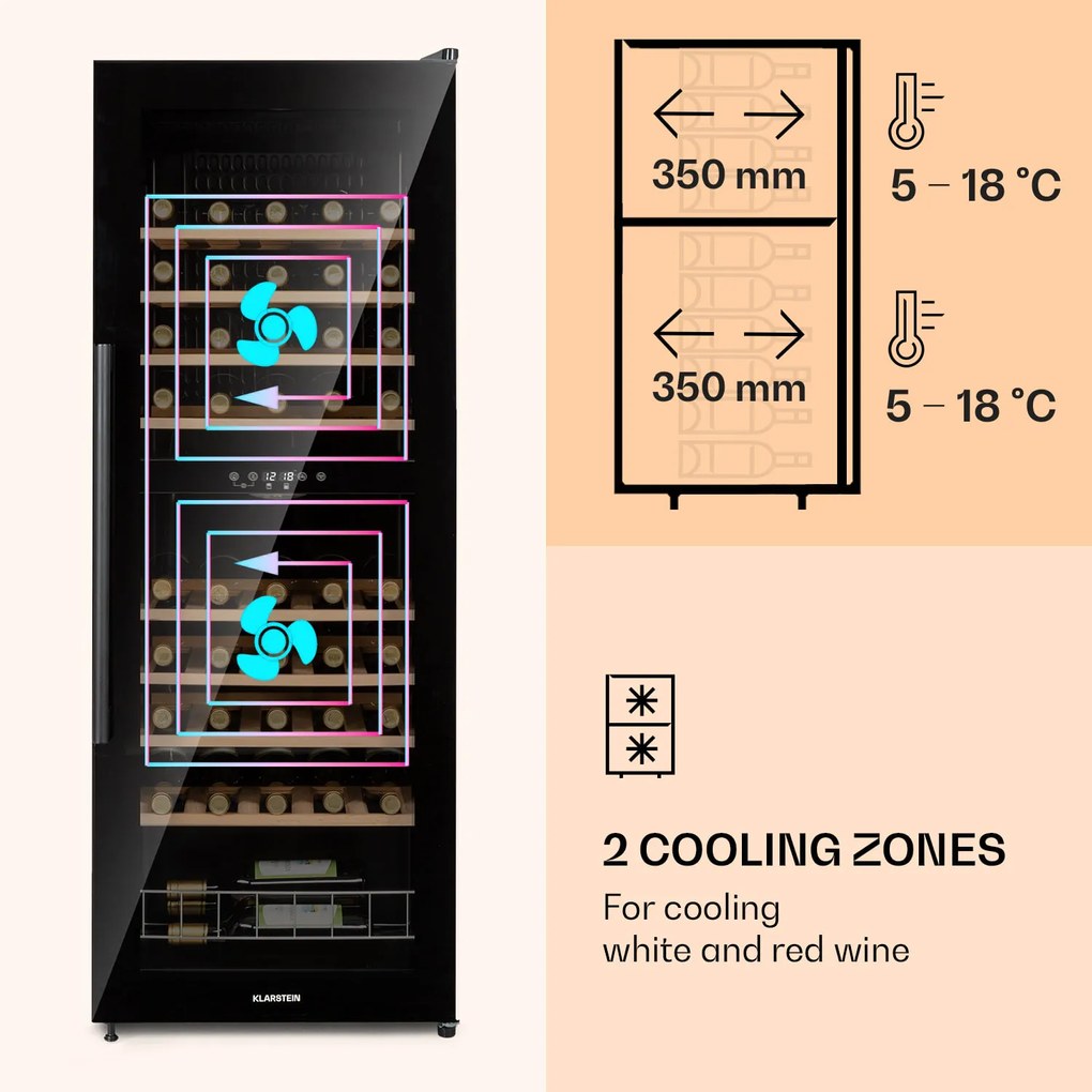 Klarstein Barossa 54 Duo, vinotéka, 148 l, 2 zóny, 54 fliaš, dotykový displej