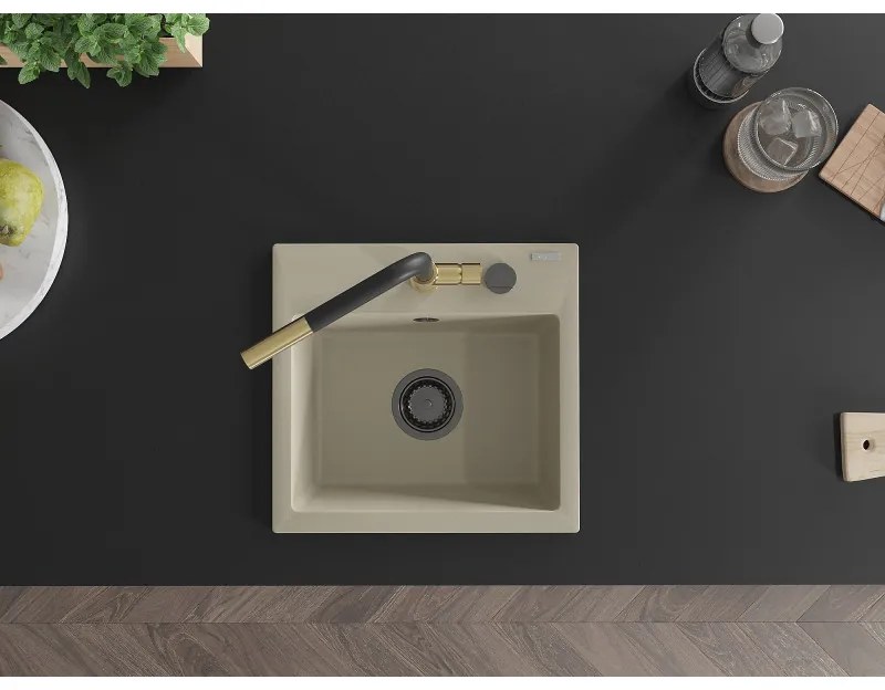 Mexen Milo, 1-komorový granitový drez 435x410x171 mm a drezová batéria Flora, béžová, 6505-69-670401-57-B