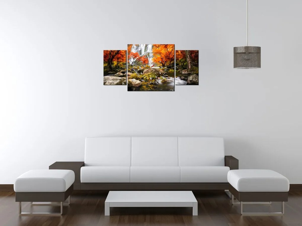 Gario Obraz s hodinami Jesenný vodopád - 3 dielny Rozmery: 90 x 30 cm