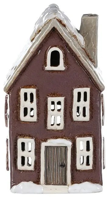 Vianočná dekorácia Zimný domček s komínom, keramika, tm. fialová