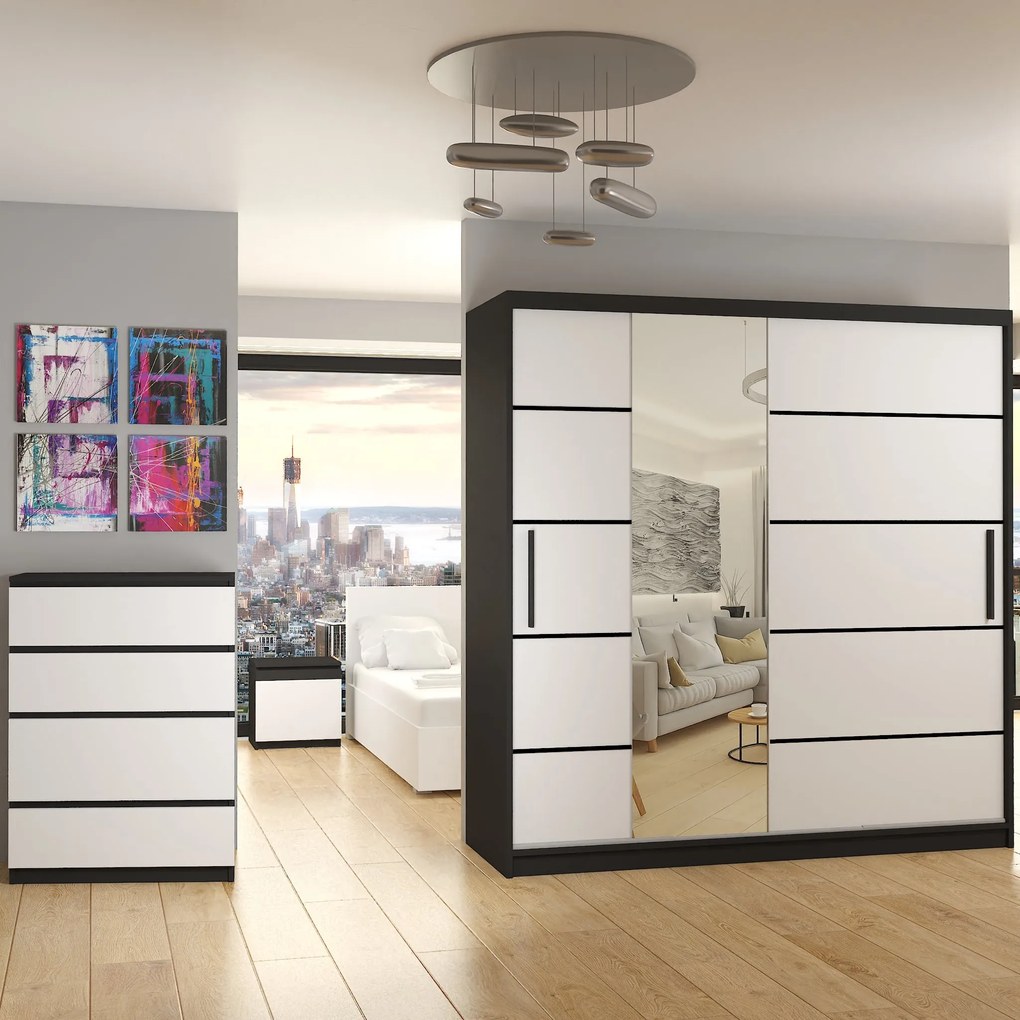 Šatníková skriňa 200 cm Belini čierny mat / biely mat s posuvnými dverami zrkadlom a zásuvkami MBP SZP5/1/B/W/0/KLP