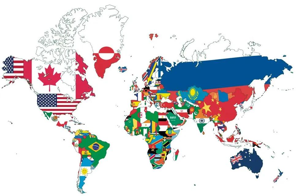 Tapeta mapa sveta s vlajkami s bielym pozadím