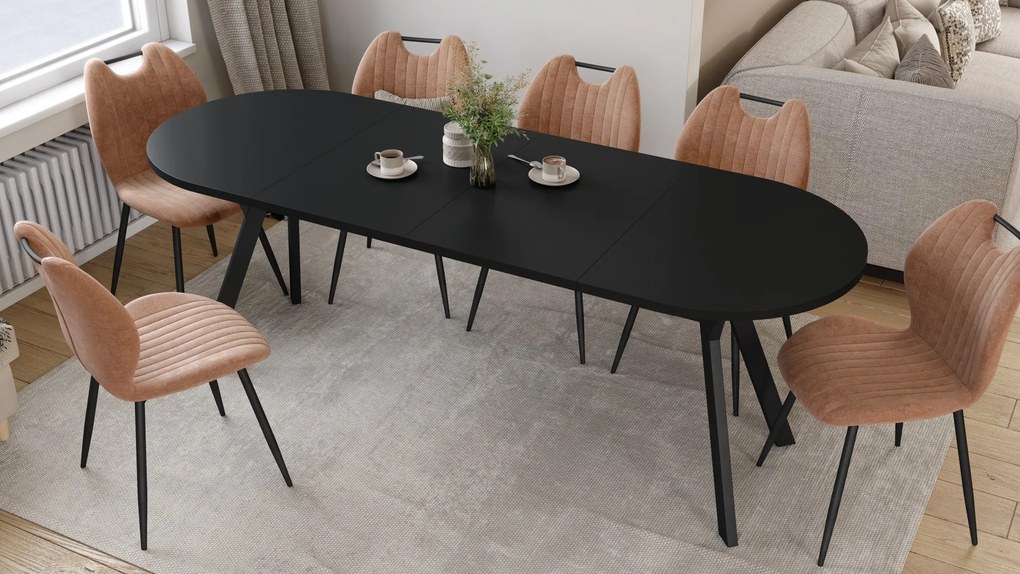Mazzoni ALMO Čierny mat / čierne nohy - OVÁLNY ROZKLADACÍ STÔL 120-220 cm PRE 10-12 OSÔB
